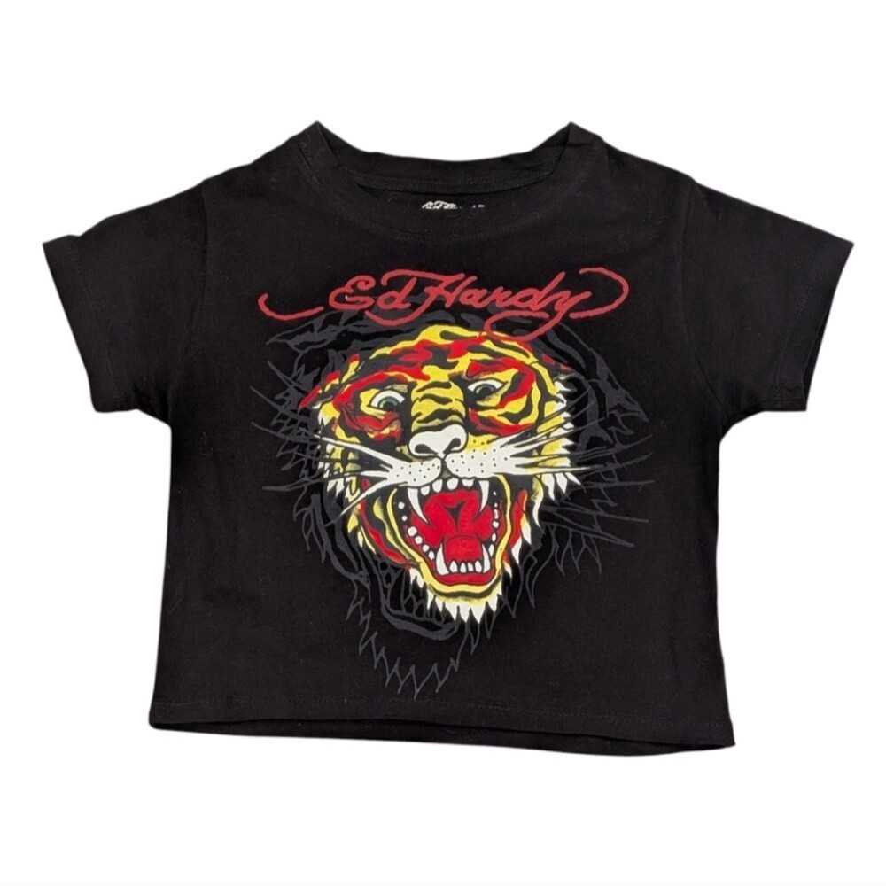 Ed Hardy Kids Tiger Graphic Tee Black Y2K Tattoo Print Streetwear Grunge Small